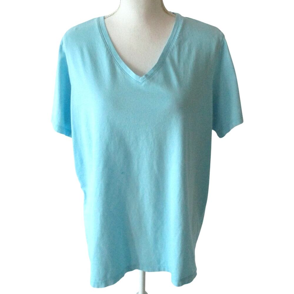 Lands End Women's Light Blue Short Sleeve Stretch V- Neck Tee Shirt Size XL